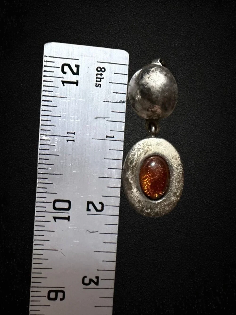 Vintage Goldstone Clip On Earrings Silver Tone Dangle Artisan Retro